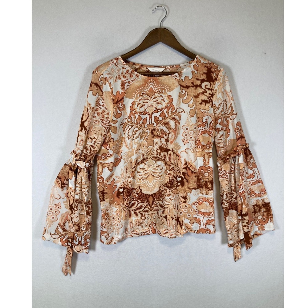 Boho Chic Lauren Conrad Women Large Orange Paisley Tie Bell‎ Sleeve Blouse Top